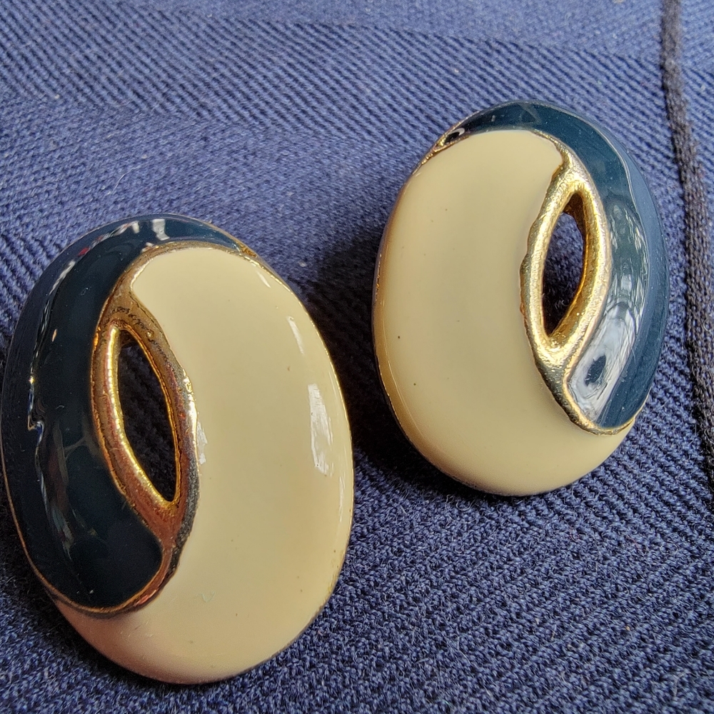 Vintage Blue, White and Gold enamel pierced earrings